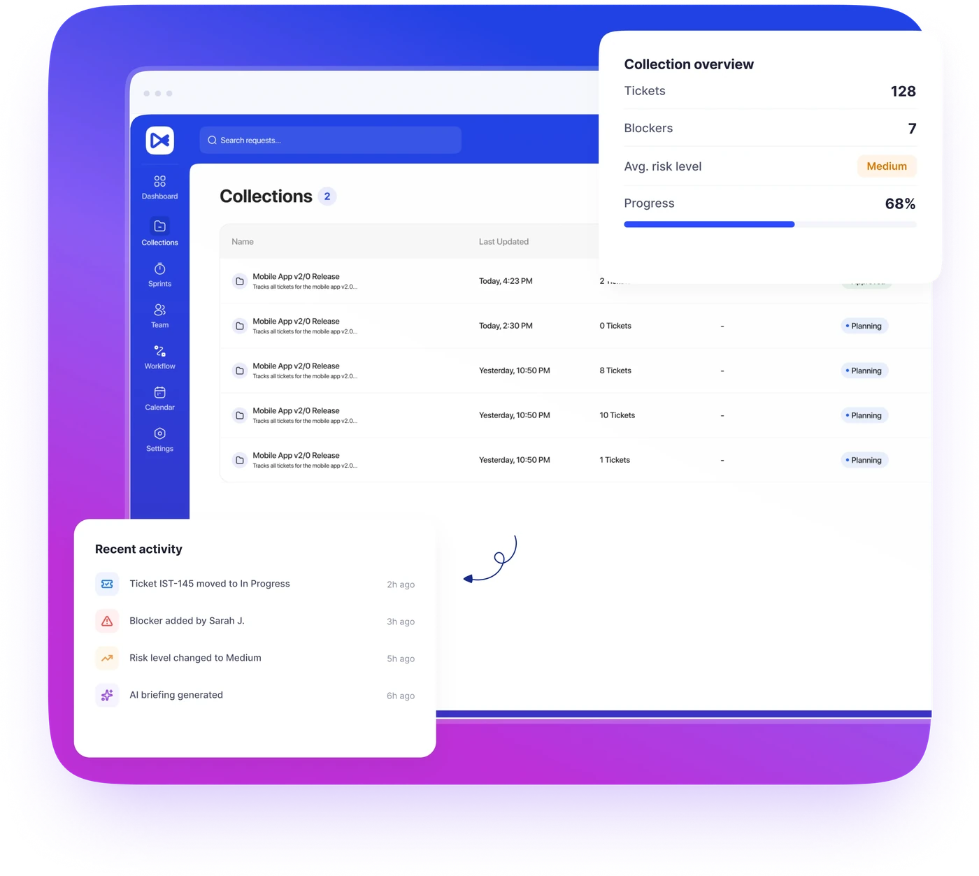 Matico collection overview with status, ticket health, and activity timeline