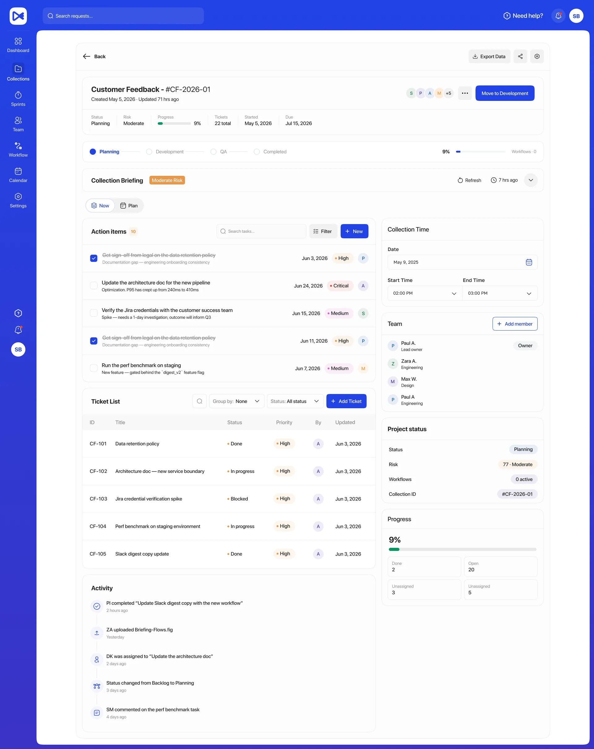 Matico release dashboard showing collection status, risk level, and ticket assignments