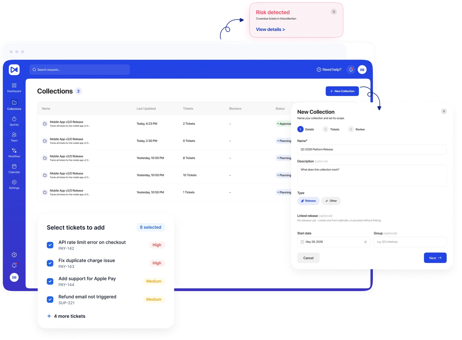 Creating a new Collection in Matico: naming it, linking a release, and selecting Jira tickets to add